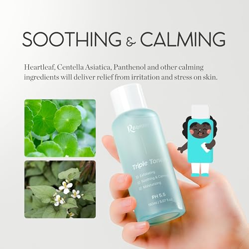 RaoNEE K-Beauty Triple Toner pH 5.5 - Exfoliating & Hydrating Facial Toner with AHA, BHA, PHA & Cica, Fragrance-Free, 5.07 fl. oz