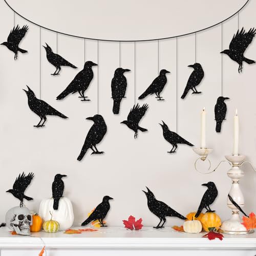 40pcs Glitter Black Crow Hanging Banners for Halloween Decor