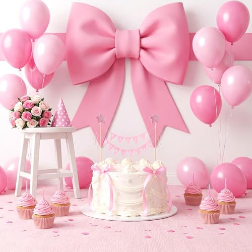 11-Piece Pink Bow Cake Toppers Set with Happy Birthday Flag