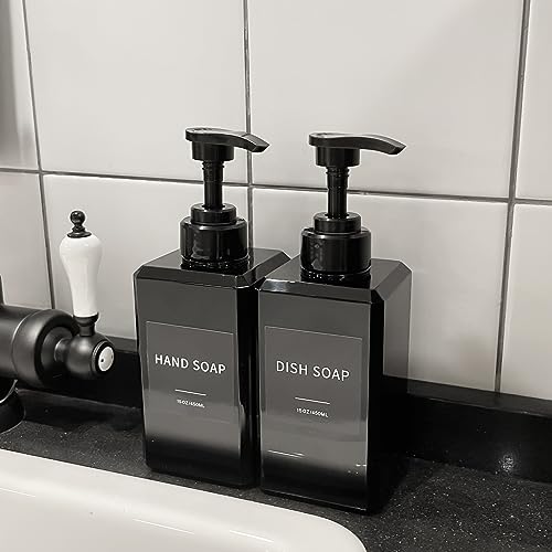 15oz Black Soap Dispenser Set - 2 Pack with Waterproof Labels