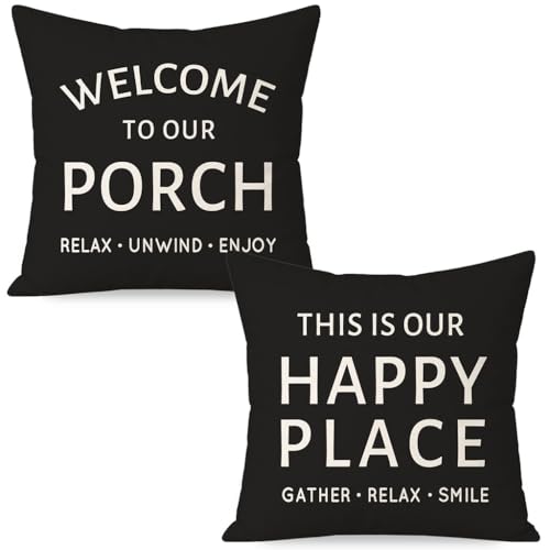 HERHOME 18x18 Farmhouse Outdoor Throw Pillow Covers, Black Set of 2
