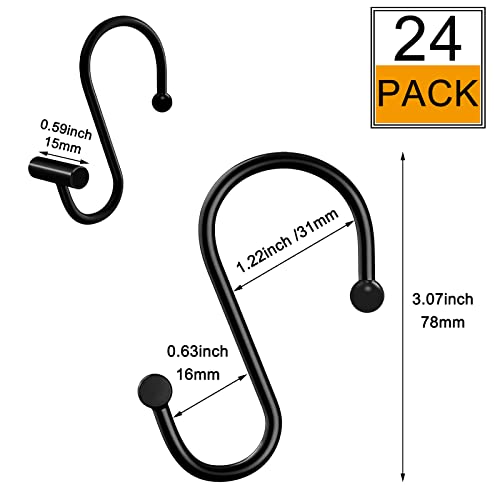 LULARINE Black Shower Curtain Hooks Rings Set of 24, Rustproof Metal S-Shaped Bathroom Hooks