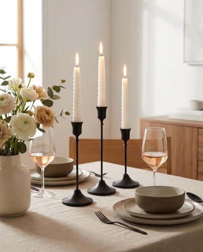 Qynoro Black Taper Candle Holders - Set of 3 Metal Candlestick Stands