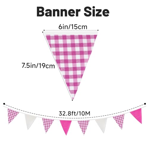 G2PLUS Pink and White Gingham Bunting Banner - 32Ft Triangle Garland