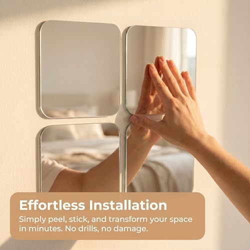4-Pack Acrylic Mirror Tiles, 8 x 8 Inch Stick-On Shatter-Resistant Mirrors