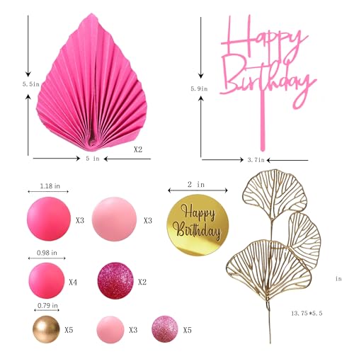 Hot Pink and Gold Ball Cake Topper Set with Palm Leaves for Party Decor