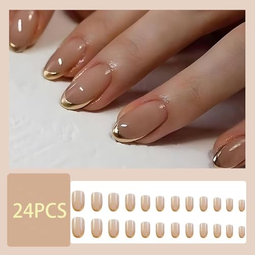 Short Oval French Tip Press on Nails with Gold Glossy Finish (24 Pcs)