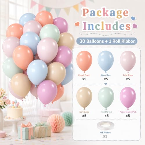 12 Inch Pastel Retro Balloons - Colorful Latex Party Balloon Decorations