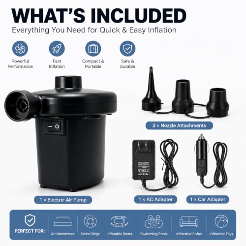 QIPUMP Electric Air Pump for Inflatables - Dual Power AC/DC Portable