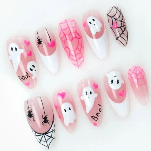Ghost Spider Web Press On Nails Short Almond Halloween Fake Nails 30Pcs