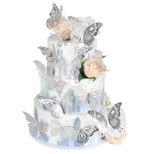 Silver Butterfly Cupcake Toppers 42 Pack 3D Metallic Cake Decorations