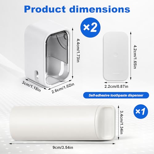 Grey and White Wall-Mounted Toothbrush Holder with Toothpaste Squeezer & Cover - Self-Adhesive Bathroom Organizer, 2 Slots, Family Use