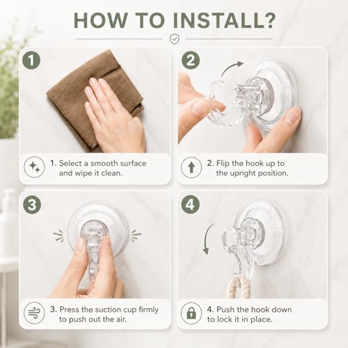KORCCI Suction Cup Hooks - 4 Pack, Heavy-Duty and Waterproof