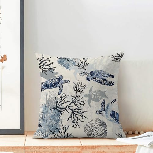 Navy Blue Coastal Pillow Covers 18x18 Inch Set of 2 with Sea Turtle Design