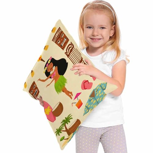 Hawaiian Symbols Throw Pillow Cover 18x18in Tiki Dancer & Totem Decor