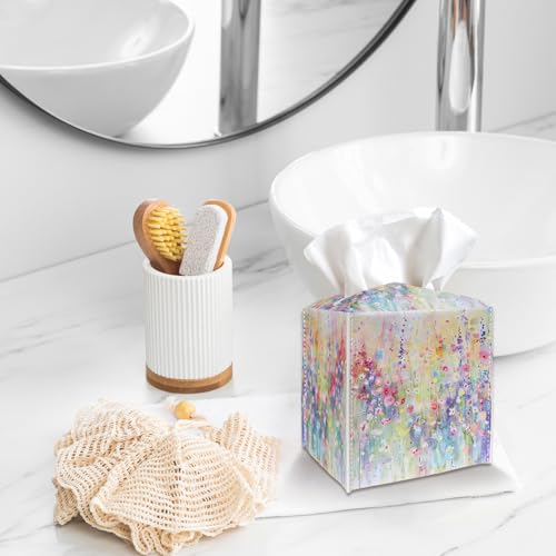 Colorful Flowers Square Tissue Box Cover - PU Leather Holder with Velcro