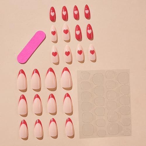 Onsdag Red French Tip Almond Press On Nails with Heart Designs 24 Pcs