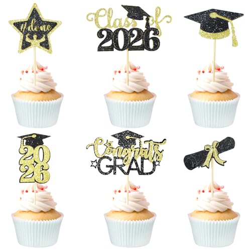 Class of 2026 Graduation Cupcake Toppers - 24PCS Black & Gold