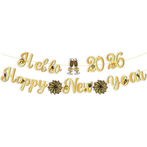 2026 Happy New Year Banner Glitter Gold and Black NYE Party Decorations