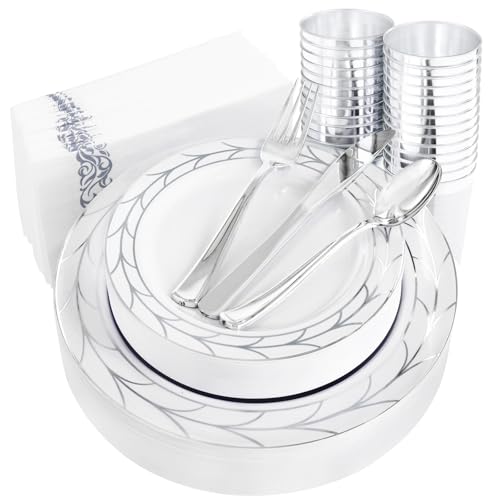 Silver Plastic Dinnerware Set - 175pcs Disposable Plates Cutlery Cups