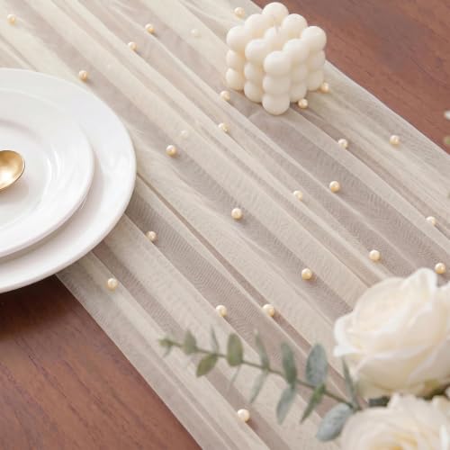 Ivory Pearl Tulle Table Runner 10FT Gauze Sheer Decor for Wedding Party