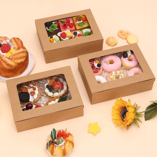 A-12PCS Bakery Cookie Boxes with Window, 8x6x2.5in Brown Packaging for Pastries