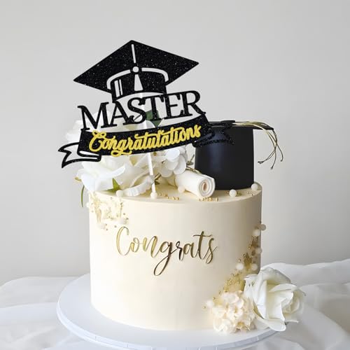 Black Glitter Graduation Cake Topper - Congrats Grad Decoration