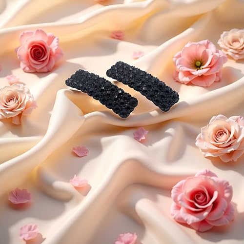 Black Rhinestone Snap Hair Clips 2Pcs Korean Rectangular Hair Barrettes