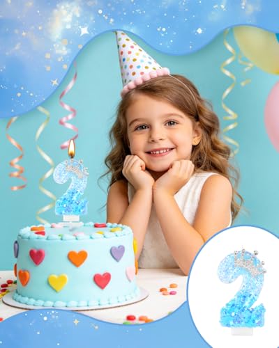 Blue Birthday Number 2 Candle with Crown Design - Princess Cake Topper
