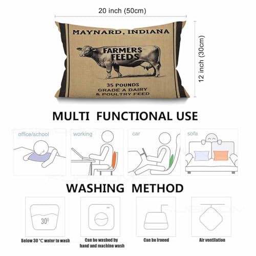 Smooffly Vintage Cow Feed Sack Lumbar Pillow Cover, 12x20 Cotton Linen