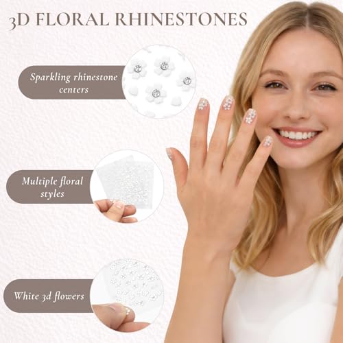 3D White Flower Nail Art Stickers with Rhinestones - 30 Sheets Self-Adhesive Floral Decals