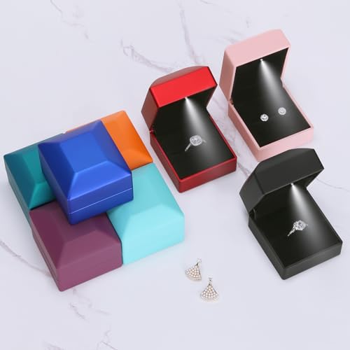 LETURE Black Velvet Ring Box with LED Light - 2 Piece Jewelry Display for Engagement & Wedding