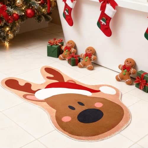 Christmas Reindeer Bathroom Rug with Santa Hat Non Slip 19x27-Inch