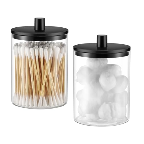 TIPGO Glass Q-Tip Holder Dispenser, 10 oz Bathroom Storage Jar (2 Pack, Black)