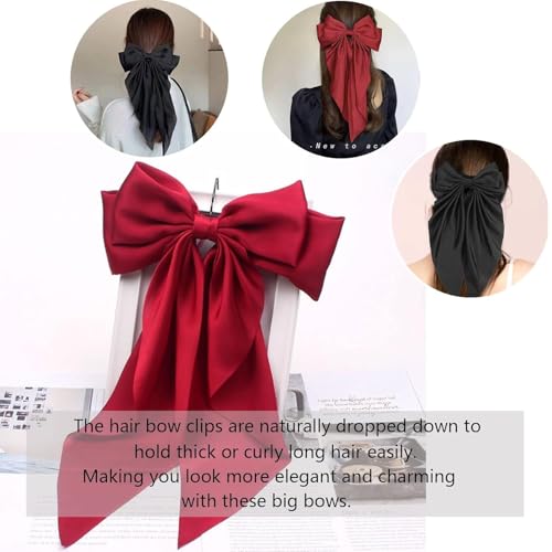 THSIREE 4PCS Oversized Satin Hair Bows with Long Tails and Clips