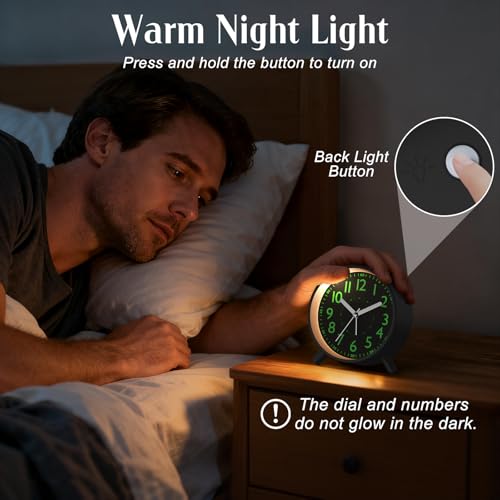 Analog Alarm Clock with Night Light - Silent & Battery Operated