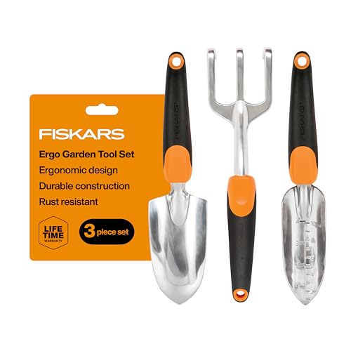 Fiskars 3-Piece Garden Hand Tool Set - Ergonomic Trowel, Transplanter & Cultivator