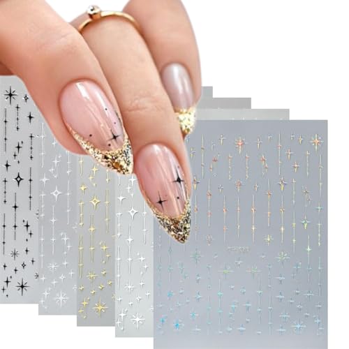 Star Nail Stickers 5 Sheets Holographic Gold Silver Black White Decals