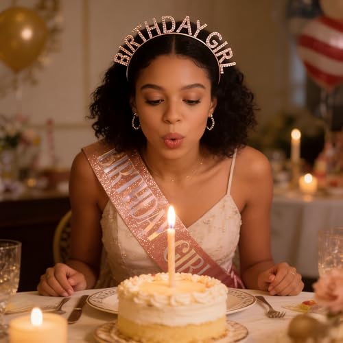 CIEHER Birthday Girl Tiara Headband and Rose Gold Glitter Sash Set