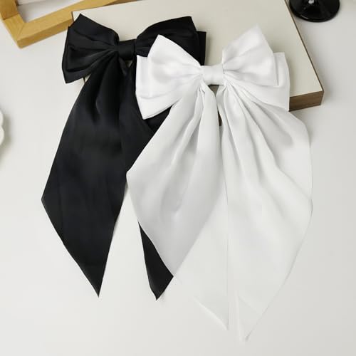 Satin Hair Bow Clips 2 Pack Long Tail Ribbon Barrettes for Women