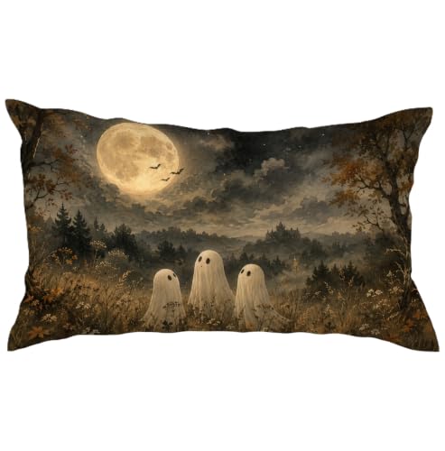 Ghost Moon Lumbar Pillow Cover 12x20, Dark Academia Halloween Decor