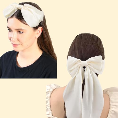 AHONEY 2 Pack White Satin Hair Bow Clips with Long Ribbons