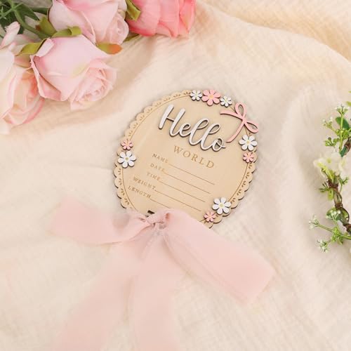 Wooden Baby Announcement Sign with Stand, Hello World Newborn Photo Prop