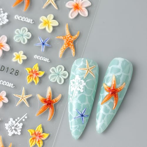 5D Embossed Ocean Nail Art Stickers - Summer Marine Starfish & Flowers