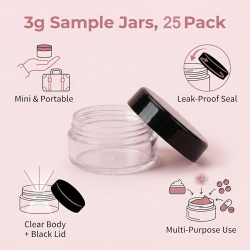 UPSTORE 25 Pack 3g Travel Containers with Black Lids, BPA Free Plastic Sample Jars