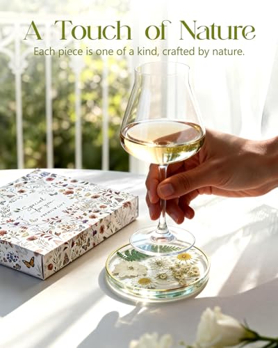 Oqplog Handmade Resin Drink Coaster with Dried Flowers - Elegant White Design