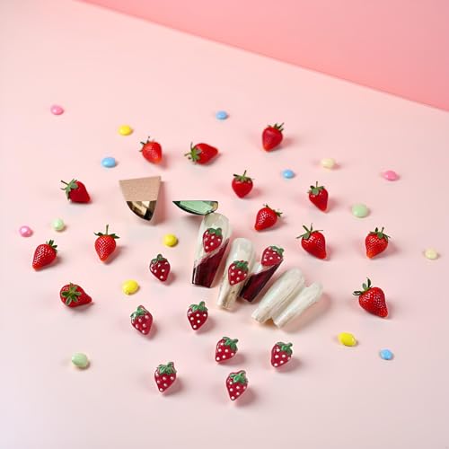 50Pcs Red Strawberry Nail Charms Rhinestone Fruit Gems for Manicure
