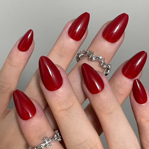 elarossa Short Red Almond Press on Nails, French Tip Fake Nails with Glue