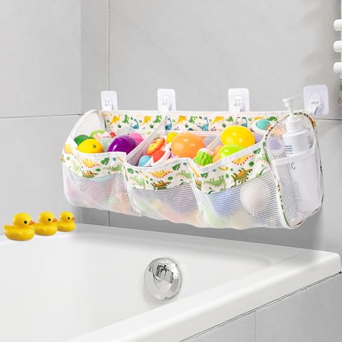 Dinosaur Bath Toy Organizer - 3 Compartment Storage with Hooks