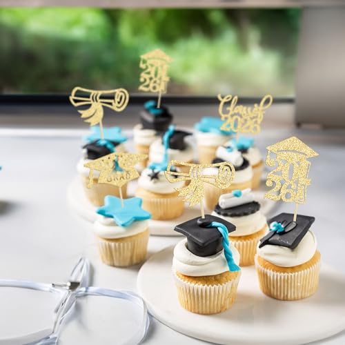2026 Graduation Cupcake Toppers - 24Pcs Glitter Party Decorations